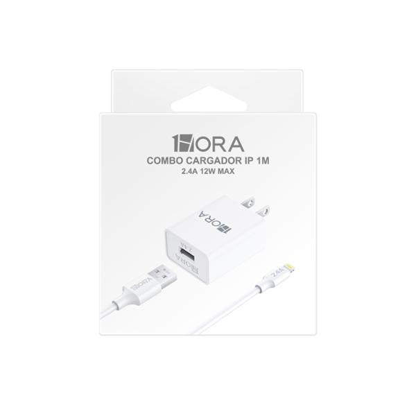 COMBO CARGADOR USB A IP 1HORA 2.4 GAR143 BLANCO 1M