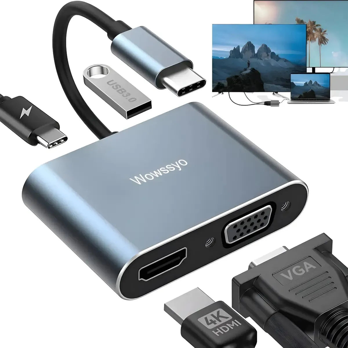 HUB USB-C WOWSSYO 4 EN 1 CON HDMI, VGA, USB 3.0 Y CARGA PD 87W