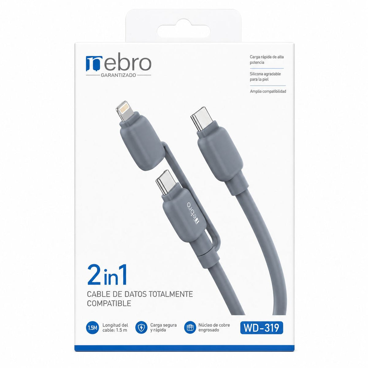 CABLE 2 EN 1 NEBRO WD-319 USB-C A USB-C Y LIGHTNING 1.5 METROS