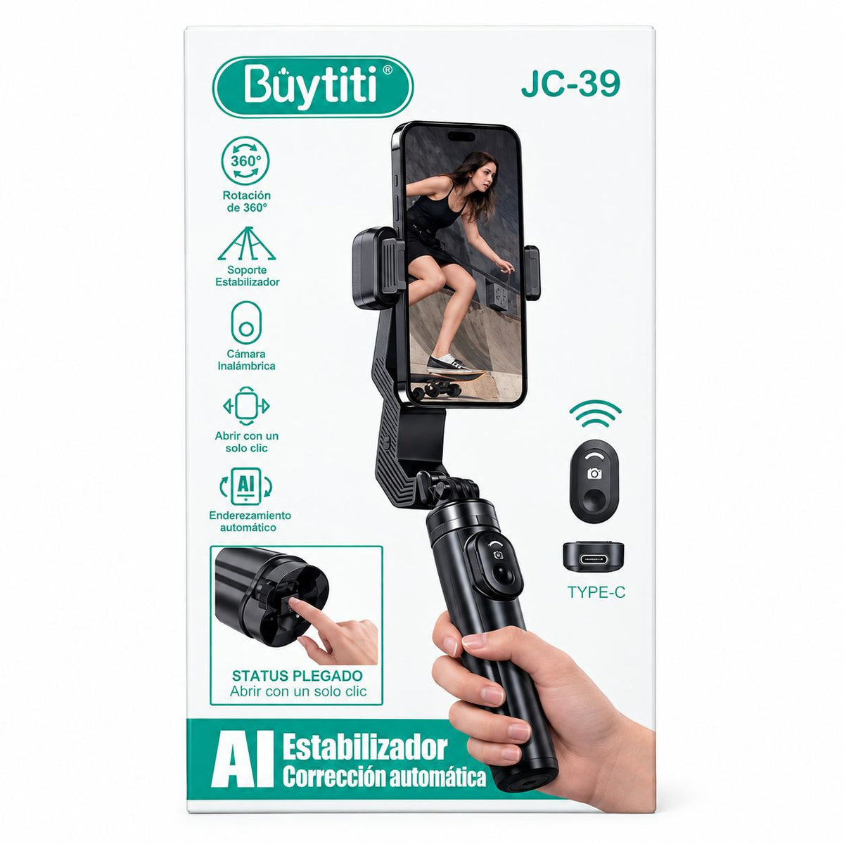 SOPORTE ESTABILIZADOR BUYTITI JC-39 CON CONTROL BLUETOOTH, LUZ LED Y ROTACIÓN 360°