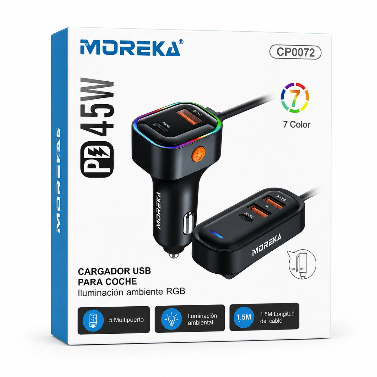 CARGADOR PARA AUTO MOREKA CP0072 MULTIPUERTO USB-C PD Y USB QC 3.0 CON CABLE DE 1.5 M