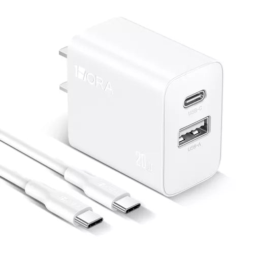 CARGADOR DE DOBLE PUERTO USB C Y USB A + CABLE TIPO C 1HORA GAR162 BLANCO