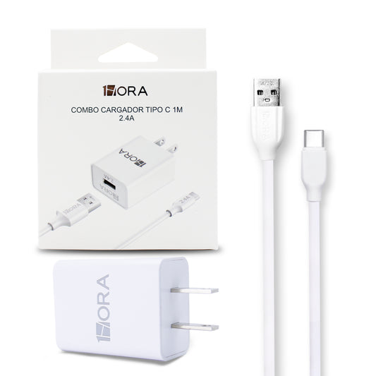 COMBO CARGADOR USB TIPO C 1HORA 2.4A GAR142 1M BLANCO