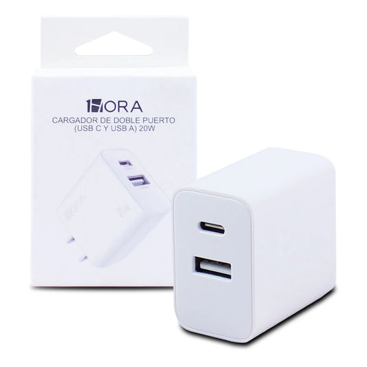 CUBO CARGADOR DE DOBLE PUERTO USB C Y USB A 1HORA 20W GAR161 BLANCO