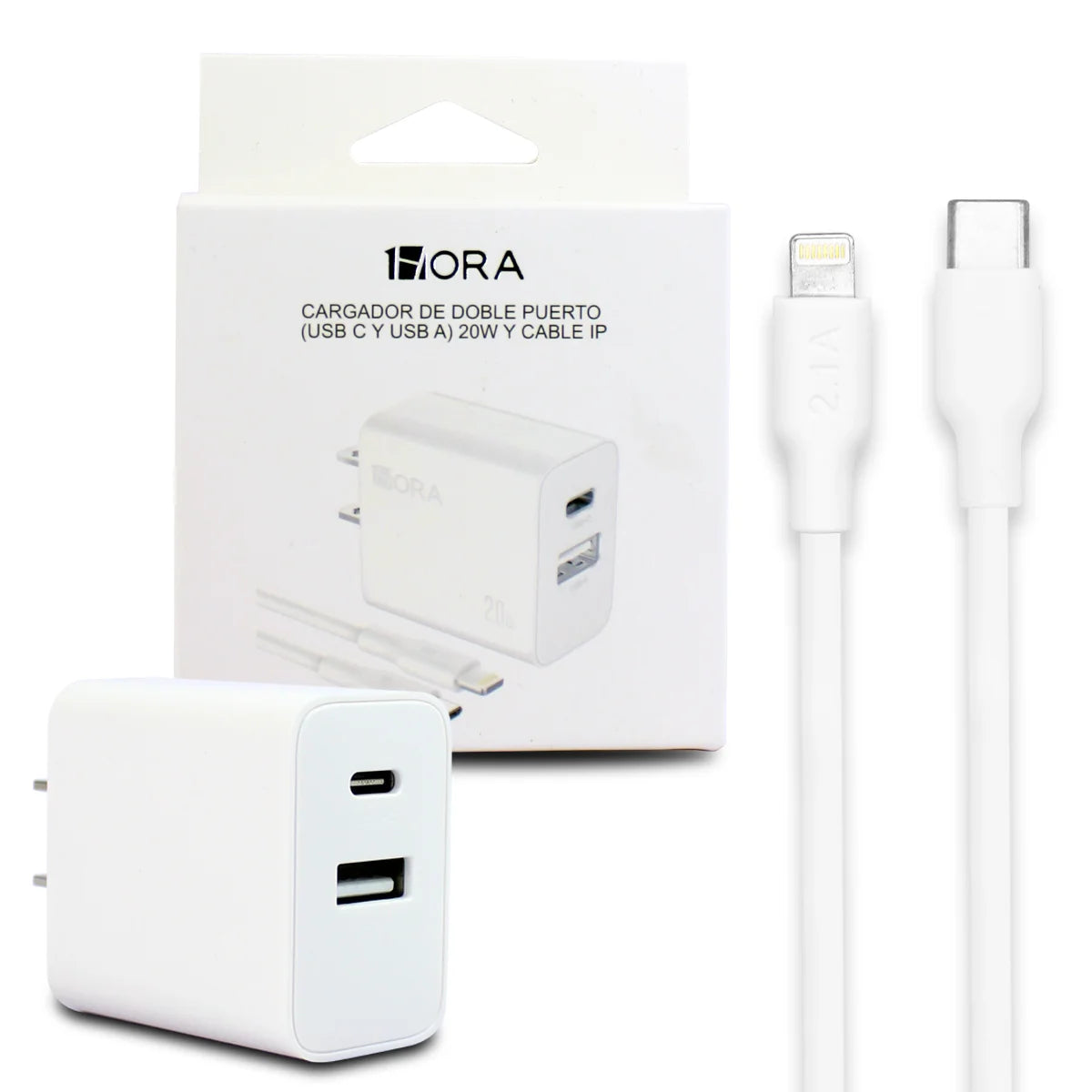 CARGADOR DE DOBLE PUERTO USB C Y USB A 20W Y CABLE IP 1HORA GAR163 BLANCO