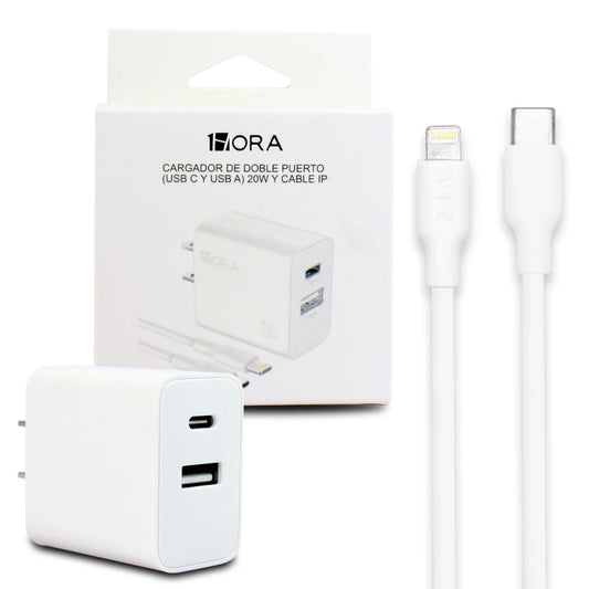 CARGADOR DE DOBLE PUERTO USB C Y USB A 20W Y CABLE IP 1HORA GAR163 BLANCO
