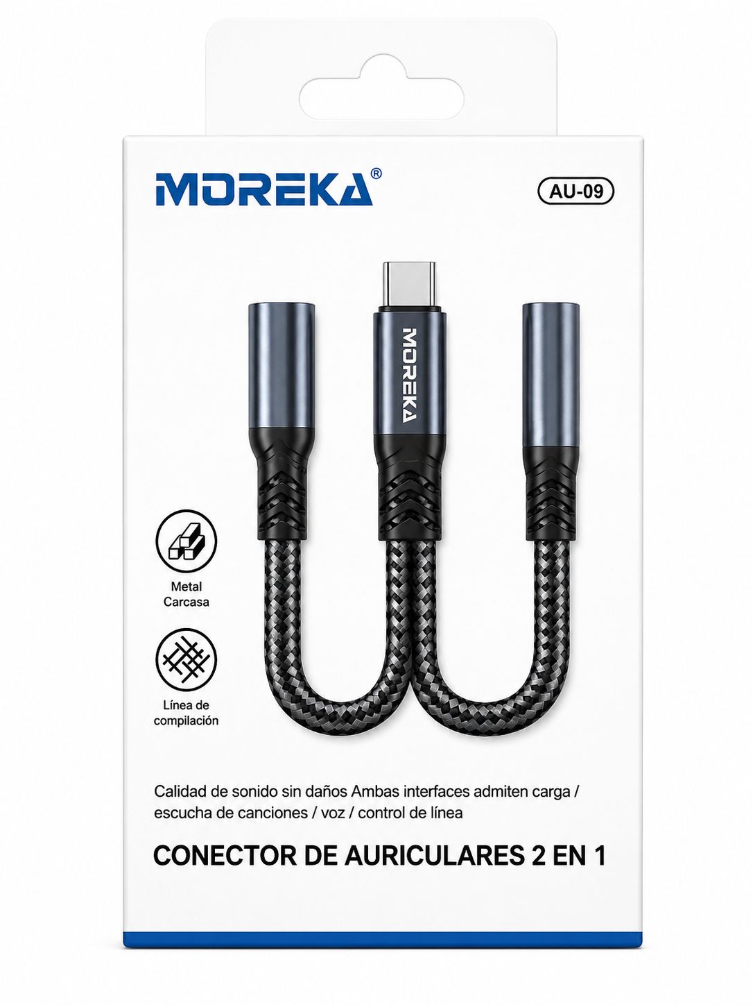 ADAPTADOR DE AURICULARES 2 EN 1 MOREKA AU-09 USB-C A USB-C Y AUXILIAR 3.5 MM