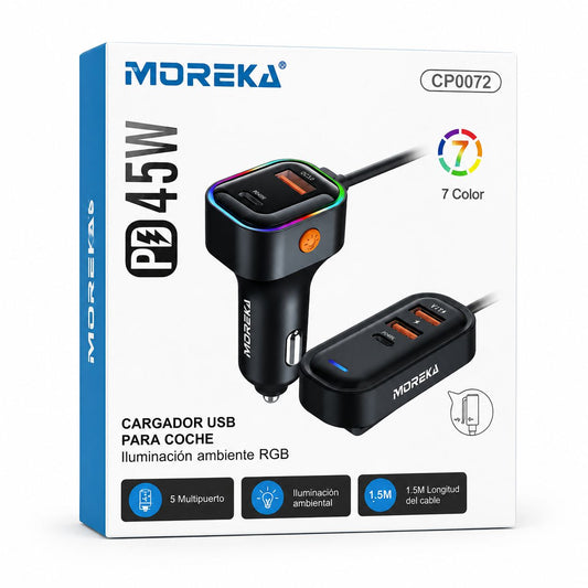 CARGADOR PARA AUTO MOREKA CP0072 MULTIPUERTO USB-C PD Y USB QC 3.0 CON CABLE DE 1.5 M